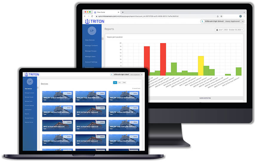 Two computer monitors showing different pages of the Triton Sync dashboard