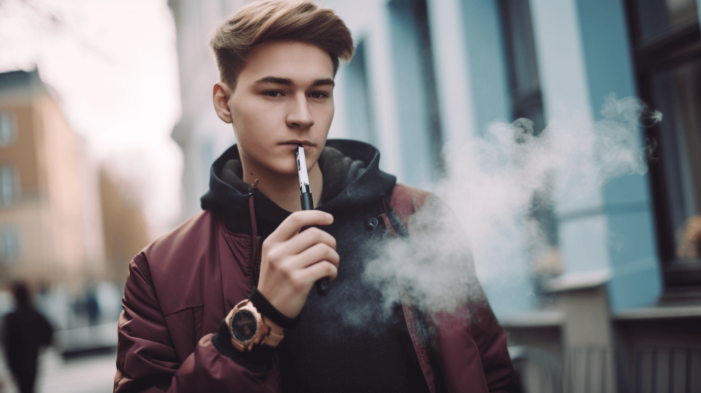 A teenager smoking a dab pen outside on a sidewalk