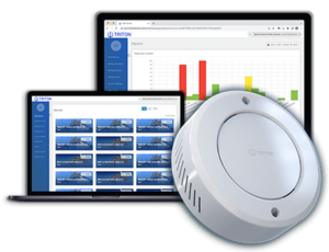 The Triton 3D Sense vape detector and two computer screens showing the Triton Sync cloud dashboard.